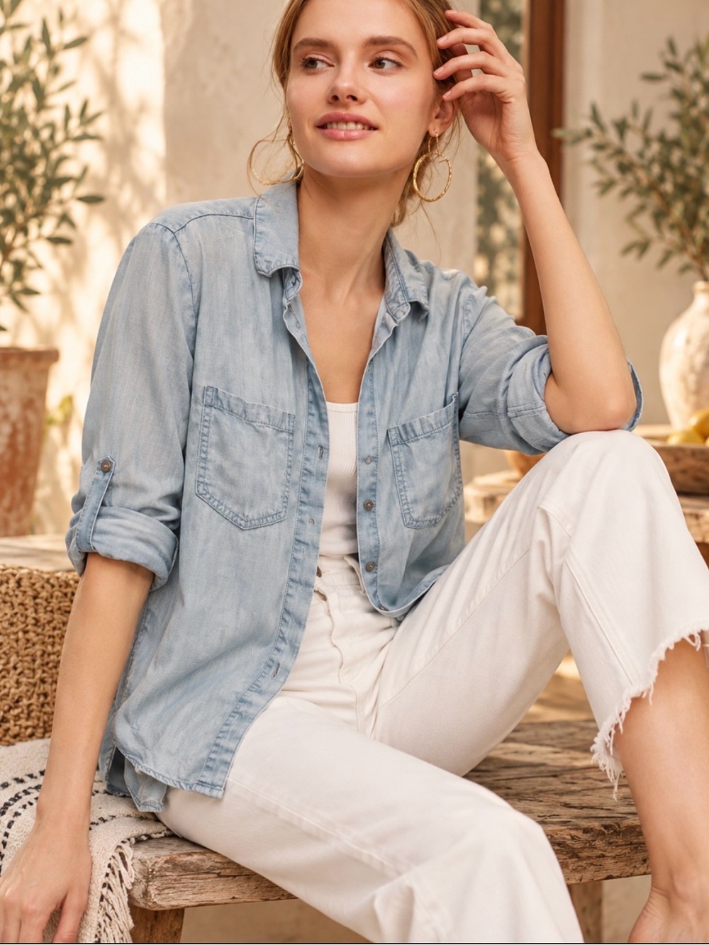 Cloth & Stone Anthropologie Light Blue Tencel Denim Button-Down Shirt